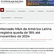 Mercado M&A da Amrica Latina registra queda de 18% at novembro de 2024